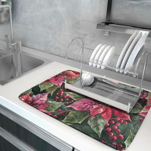 Winter Floral Dish Drying Mat (Holly Berries 4722 / 24" x 18")