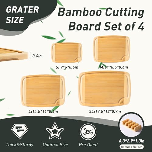 Bamboo Cutting Board Set Non Slip Feet with Holder Over Sink Men Birthday Christmas Valentines Father Day Gifts Ideal from Wife Romantic Anniversary Best Cool Gadget Awesome Who Have Everything (4 Pack with Holder / Two-Tone Bamboo)