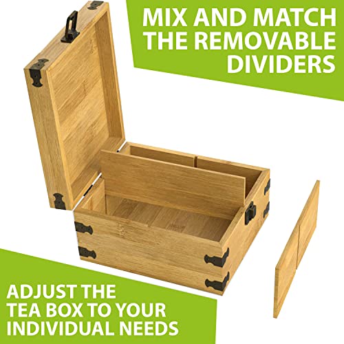 Tea Organizer Box 7.4" x 8.1" x 4.2" Bamboo Wood Organizer Storage Chest 4 Tall Adjustable Slots 100% Handmade Eco (4-Slot Square / Tea)