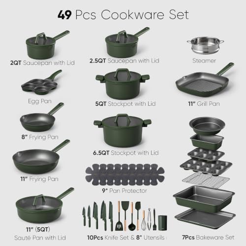 49pcs Nonstick Cookware Set (Green / 49 Piece)