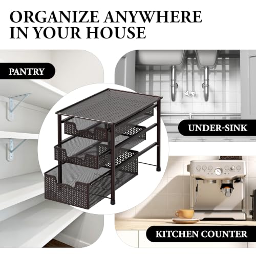 Stackable 3 Tier Sliding Basket Organizer Drawer (3-Tier / Bronze)