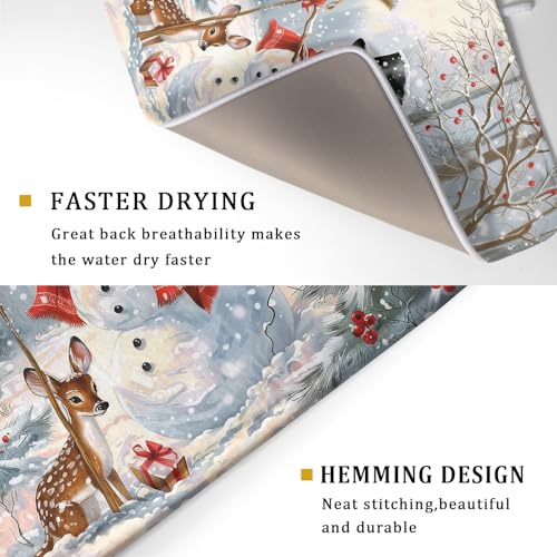 Winter Snowman Dish Drying Mat for Kitchen Counter Red Bird Berry Dishes Drainer Mats Holiday Microfiber Absorbent Dish Rack Pad 18x24 Inch (Winter Snowman Deer / 18" x 24")