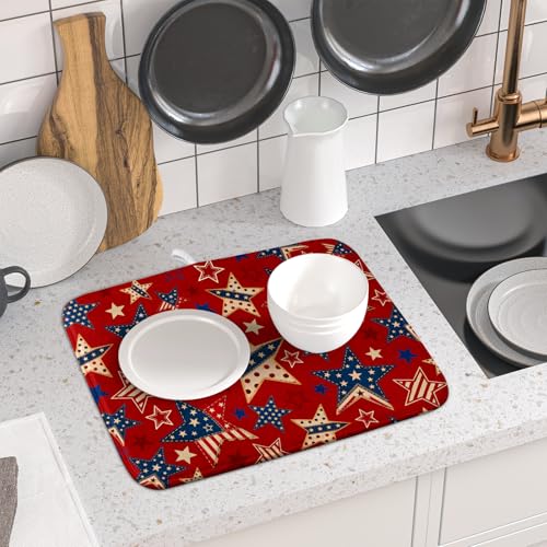 4th of July Dish Drying Mat for Kitchen Counter Patriotic Red Absorbent Dishes Dryer Pad (Patriotic Stars Red / 18" x 16")