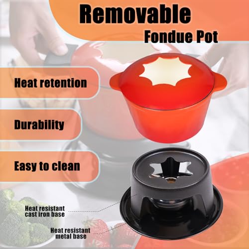 Cast Iron Fondue Pot Set Orange Enameled 1.6 Qt for Cheese (Orange)