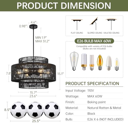 24" Black Rattan Chandelier for Dining Room (Black / 24" 6-Light)