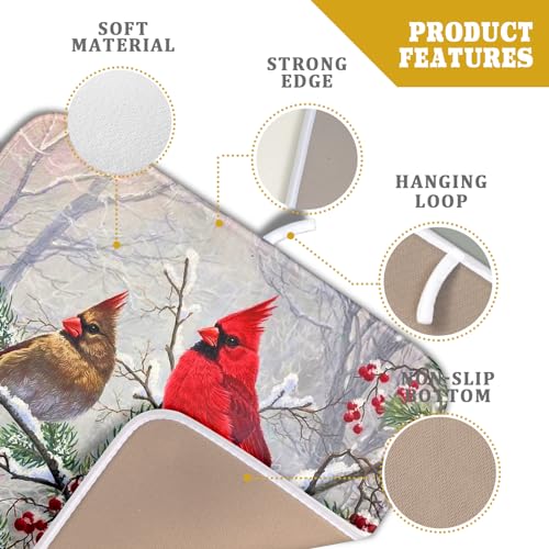 Red Bird Dish Drying Mat Merry Christmas Dishes Pad Absorbent Fast Dry Dish Drainer Mat Protector for Kitchen Counter 16 x 18 Inches (red bird / 16" x 18")