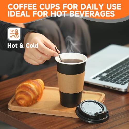 100 Pack 16 oz Disposable Coffee Cups with Lids and Sleeves (Black/Blue / 16oz)