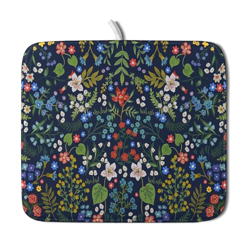 Flower Floral Dish Drying Mat Microfiber Navy Blue Absorbent Drying Pad for Kitchen Counter Small (Colored Flower / 18" x 16")