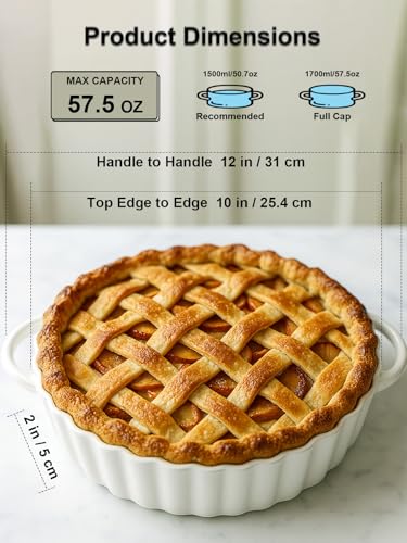10×2in Deep Ceramic Pie Pan with Handles for Pie Quiche Tart Baking. Easy to grip