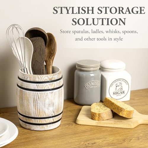 Whitewashed Wood Wine Barrel Kitchen Utensil Holder Crock