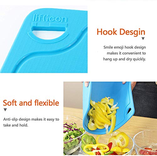 Silicone Thick Cutting Boards Mats Set of 3pcs Foldable & Flexible Design Juice Grooves Easy Grip Handle Dishwasher Safe for Kitchen (9.1"L x 7.1"W, 12.6"L x 9.1"W & 14.6"L x 10.4"W / Blue)