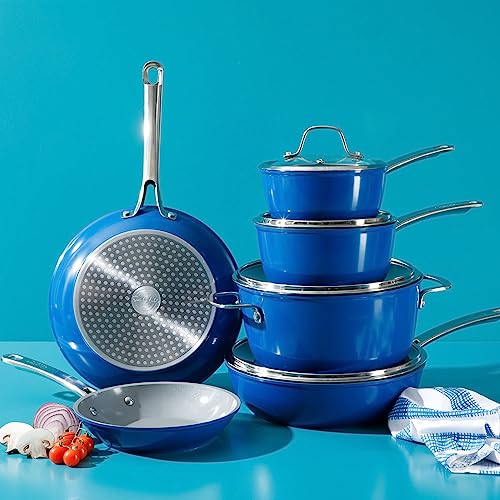 Kitchen Essentials 10 Piece PFA Free Titanium Ceramic Nonstick Interior Forged Aluminum Cookware Pots and Pans Set (Blue / 10-Piece Cookware Set)