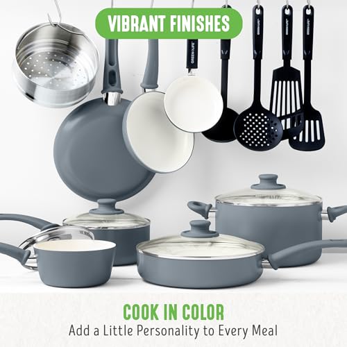 Soft Grip Healthy Ceramic Nonstick 18 Piece Kitchen Cookware Pots and Frying Sauce Saute Pans Set (18 Piece Cookware Set / Gray)