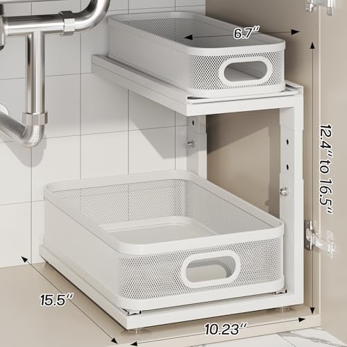 2 Pack Under Sink Organizer With Next (White / 2 Pack-15.5"Dx12.4"-16.5"H)