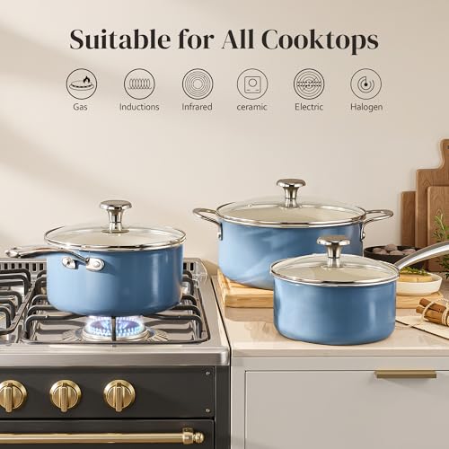 Ceramic Stock Pots Set 5QT (Blue / 6pc Set)