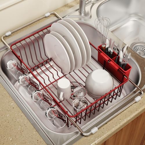 Red Expandable Dish Drying Rack Over Sink with Anti (Red / For 11.5"-16" W Sink with Cup Holder)