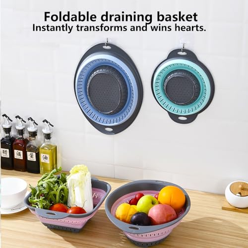 2 Pcs Collapsible Square Silicone Colander Strainer for Fruit Veggie Pasta (2.1L+2.1L / Blue and Green)
