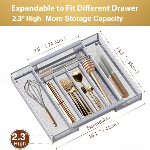 Silverware Organizer Metal Mesh (Silver / Expandable 9.6"~16.1" x 13.8")