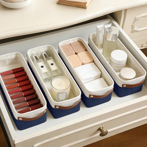 Small Fabric Storage Baskets (NavyBlue / Off-White / Narrow-15"x6"x5")