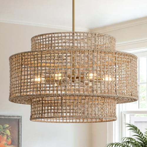 24" Rattan Chandelier for Dining Room (Gold / 24" 6-Light)