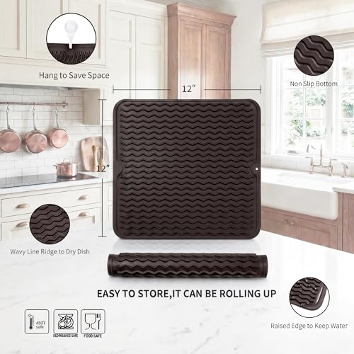 Silicone Dish Drying Mat for Multiple Usage (Coffee / 12"L x 12"W)