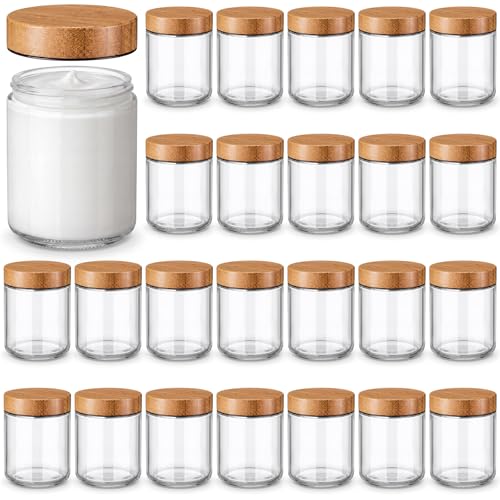 24 Pcs 8oz Glass Jars with Lids Empty Small Glass Containers and Inner Liners Reusable Cosmetic Jars Round Airtight Bottles with Plastic Wood Grain Lids for Travel (Walnut Wood Grain / 8 oz)