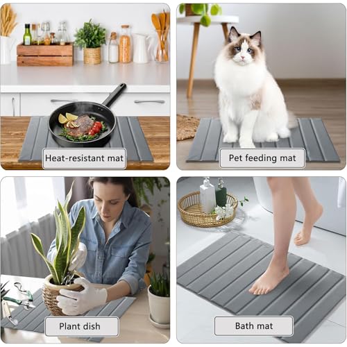 Stone Dish Drying Mat with PU Leather Surface for Kitchen Counter (Medium Gray / 24.8" x 15.7")