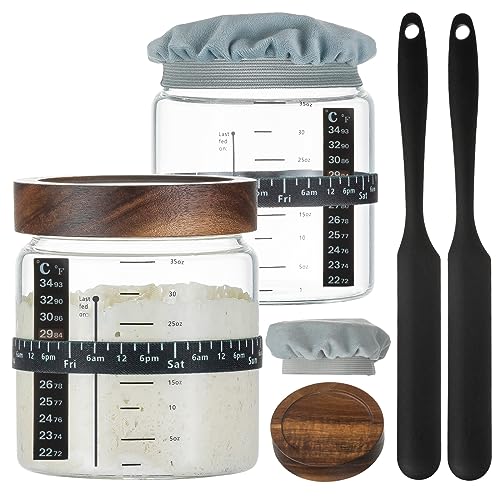 Sourdough Starter Jar 2Pack 35OZ with Ounce Scale Line (Wood Lids-2 Pack)