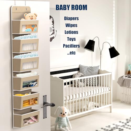 6 Clear Window Pocket Over Door Hanging Organizer (6 Pockets / Beige)