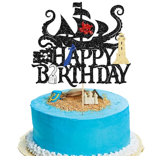 1Pcs Pirates Happy Birthday Cake Topper Pirate Ship Nautical Cake Pick for Pirates Theme Baby Shower Birthday Party Cake Decorations Supplies Gold (Gold 5)
