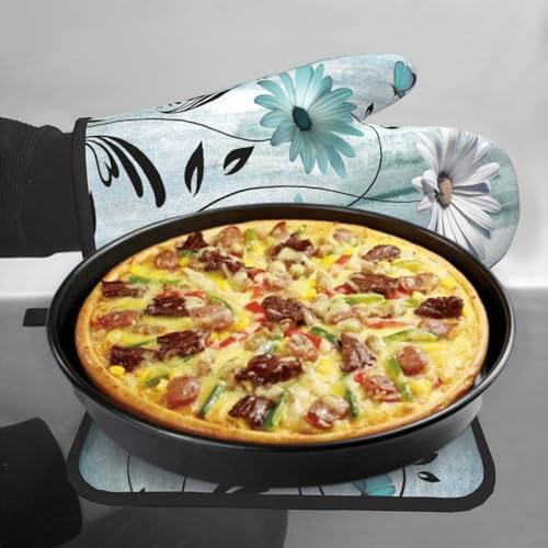 Daisy Floral Oven Mitts and Pot Holder Set of 2 Teal White Flower Heat Resistant Kitchen Mitts Potholders Washable for Cooking Grilling BBQ (Daisy Floral)