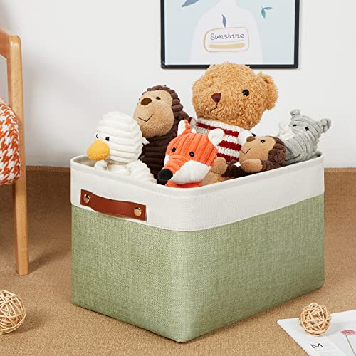 Fabric Storage Bins for Laundry (White&Green / L-15"x11"x9.5")