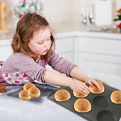 Silicone Hamburger Bread Forms Perforated Bakery Molds Non Stick Baking Sheets Fit Half Pan Size (8 Caves 4" Round Shape For Hamburger)