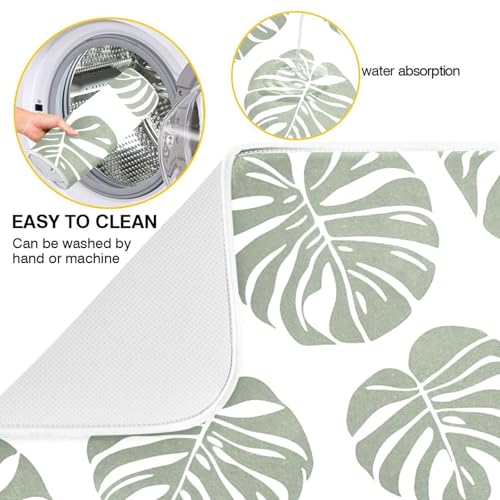 Green Palm Monstera Leaves Dish Drying Mat for Kitchen Counter Absorbent Microfiber Drying Pad (18" x 18")