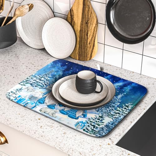 Winter Blue Gnome Dish Drying Mat for Kitchen Counter Pine Tree Microfiber Dish Pad Absorbent Reversible Fast Dry Draining Mats 16x18 Inch (Blue Winter Gnome / 16" x 18")