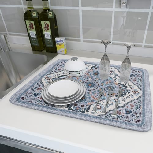 Boho Flower Dish Drying Mat Blue Bohemian Dishes Drainer Rack Mat 18x24 Inch Microfiber Kitchen Drying Pad for Countertop Tableware Decor (Blue Bohemian / 18 x 24 inch)