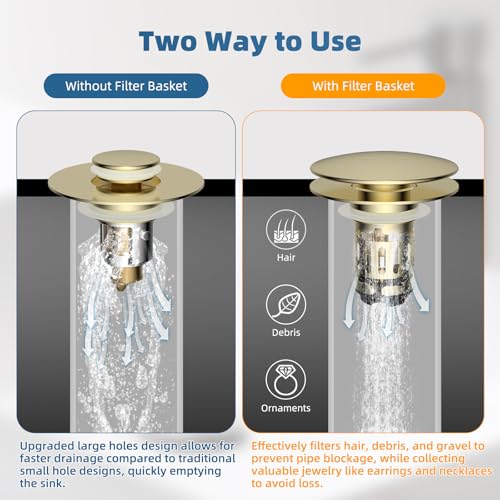 2 Pack Upgraded 3 in 1 Bathroom Sink Drain Strainer (Brushed Gold)