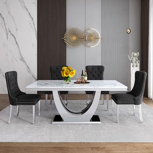 Marble Dining Table Set for 4 (Silver-white & Black Chairs / 5-piece (Table + 4 Chairs))