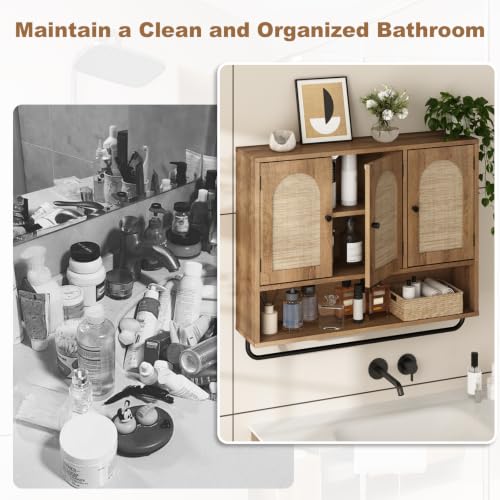 Rattan Bathroom Wall Cabinet (Natural Oak / 3 Doors)
