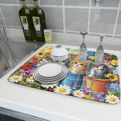Lovely Cat Drying Mat for Kitchen Counter Colorful Flower Absorbent Coffee Bar Mat 18 X 24 (colorful Lovely Cat / 24" x 18")