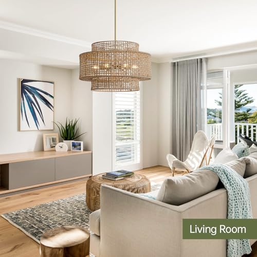 24" Rattan Chandelier for Dining Room (Gold / 24" 6-Light)