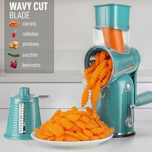 Rotary Cheese Grater Manual Hand Crank 5 Blade Shredder (5 Blades / Classic | Green)