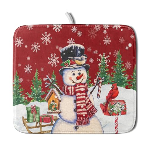 Winter Snowman Dish Drying Mat Red Bird Microfiber Dish Pad 16x18 Inch Absorbent Fast Dry Dishes Draining Mats Holiday Kitchen Accessories (Red Winter Snowman / 16" x 18")