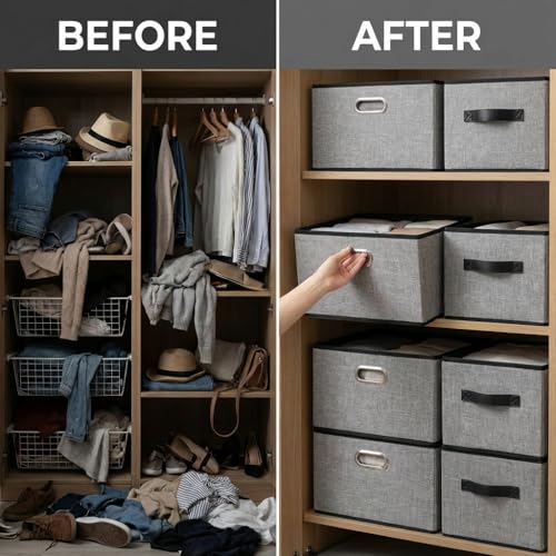 Large Foldable Storage Bins for Shelves [3 (Grey&black Trim / Large(3-Pack))