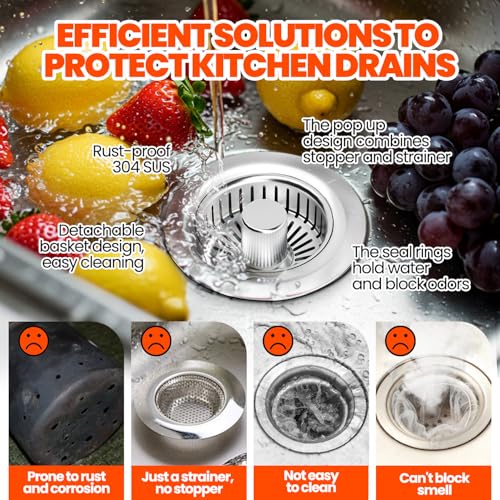 3 in 1 Kitchen Sink Drain Strainer and Stopper Brushed Silver (2pack / Silver Silver)