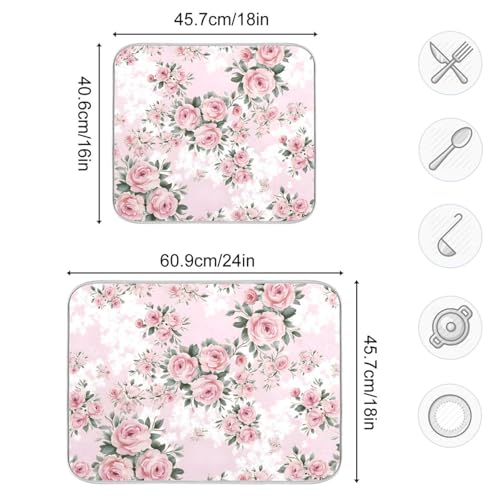 Floral Pink Roses Bouquets Dish Drying Mat for Kitchen Counter Absorbent Microfiber Drying Pad (16" x 18")
