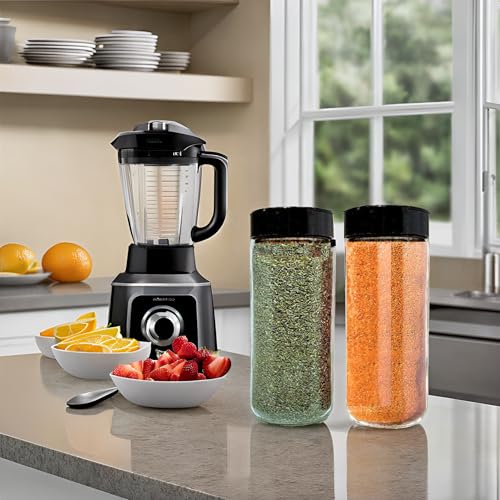 16oz Glass Spice Shakers with Lids (Tall Spice 16oz Black 7 Holes Set of 2)