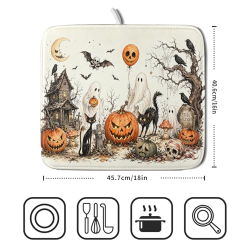 Halloween Pumpkin Ghost Dish Drying Mat Black Cat Microfiber Dishes Pad 16x18 Inch Holiday Dish Drainer Rack Mats for Kitchen Counter Sink (Pumpkin Ghost / 16x18 inch)