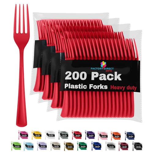Red Plastic Forks 200 Pieces Red Forks Disposable Utensils Heavy Duty Plastic Cutlery Set Disposable Cutlery Sets Flatware Sets Silverware Set Party Supplies & Party Tableware (Red / Forks)