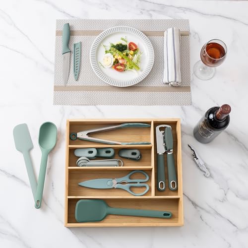 Bamboo Kitchen Utensil Set with Drawer Organizer (Sage / 18 Piece Gadget Set)